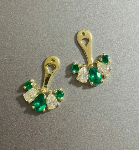 18k Yellow Gold Emerald + Diamond Ear Jackets