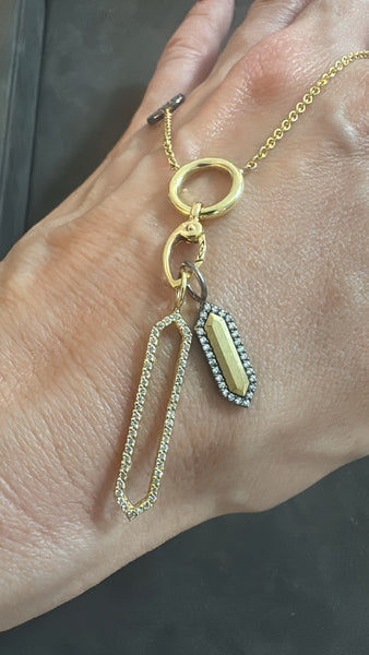 18k Yellow + Blackened Gold Lobster Clasp Necklace with Large Yellow Gold Diamond Outline Charm and Medium Gold Insert Charm